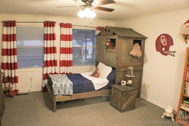 9996 N Millennium, Sulphur, OK 73086 - bedroom featuring ceiling fan, crown molding, carpet flooring, and baseboards