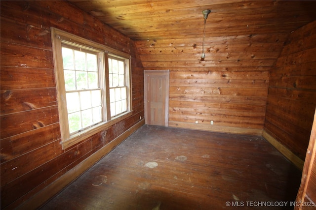 unfurnished room featuring dark wood finished floors, wood walls, and wooden ceiling