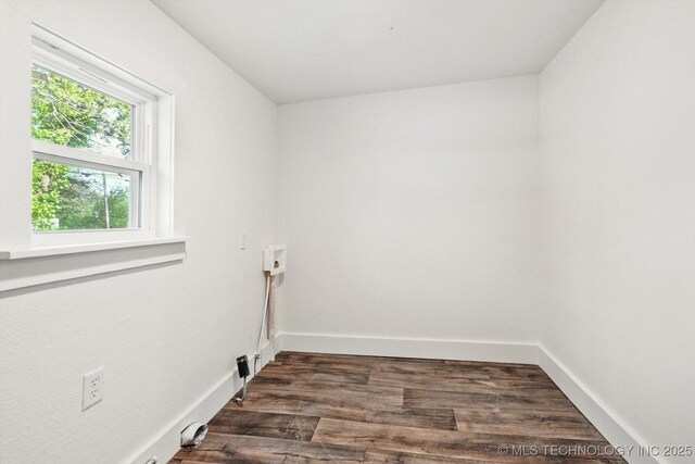 722 S Hughes Ave, Morris, OK 74445 - washroom with baseboards, laundry area, washer hookup, and dark wood-style flooring