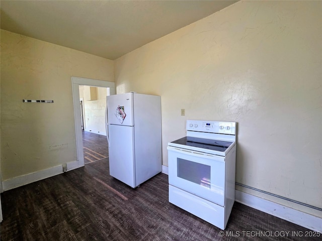 602 N Collins Ave, Okmulgee, OK 74447 - kitchen with white appliances, baseboards, and dark wood-type flooring