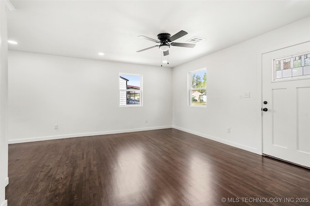 entrance foyer with dark wood finished floors, baseboards, visible vents, recessed lighting, and ceiling fan