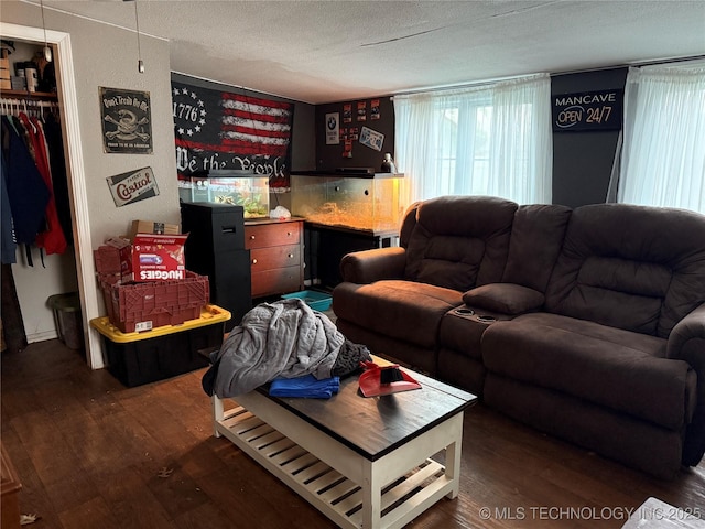 713 6th Ave, Warner, OK 74469 - living area with a healthy amount of sunlight, a textured ceiling, and dark wood-style floors