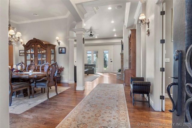5905 W Charleston St, Broken Arrow, OK 74011 - foyer entrance with ceiling fan, ornamental molding, wood finished floors, and ornate columns