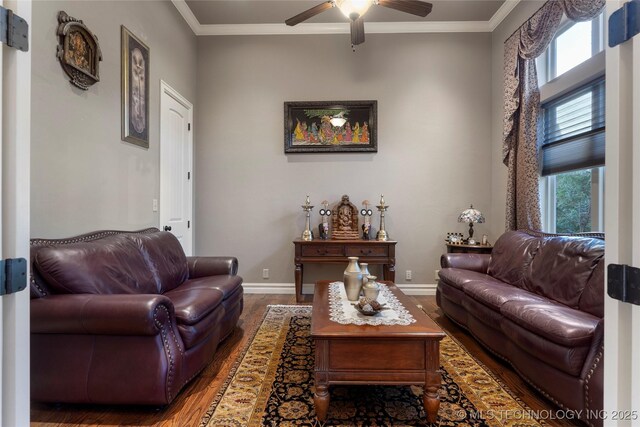 5905 W Charleston St, Broken Arrow, OK 74011 - living area with baseboards, a ceiling fan, wood finished floors, and crown molding