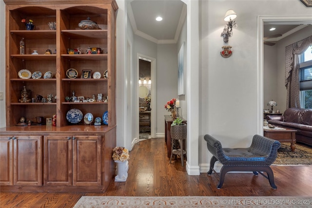 5905 W Charleston St, Broken Arrow, OK 74011 - interior space with dark wood finished floors, baseboards, and ornamental molding