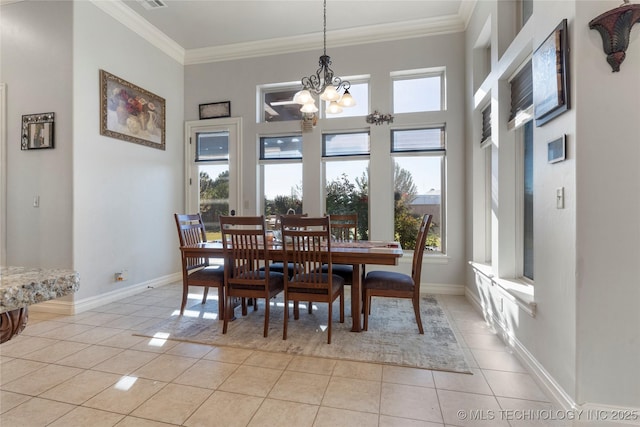 5905 W Charleston St, Broken Arrow, OK 74011 - dining room with light tile patterned floors, visible vents, baseboards, a chandelier, and ornamental molding