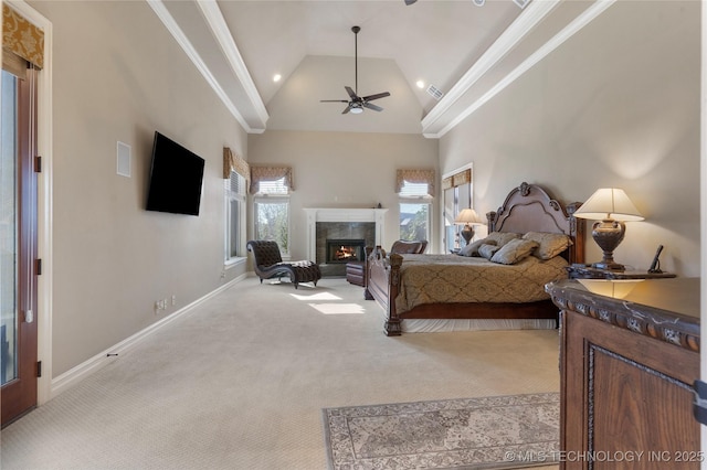 5905 W Charleston St, Broken Arrow, OK 74011 - bedroom with ornamental molding, a premium fireplace, baseboards, carpet flooring, and high vaulted ceiling