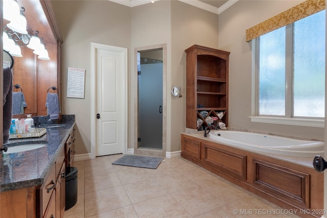 5905 W Charleston St, Broken Arrow, OK 74011 - bathroom with a stall shower, a garden tub, a sink, and crown molding