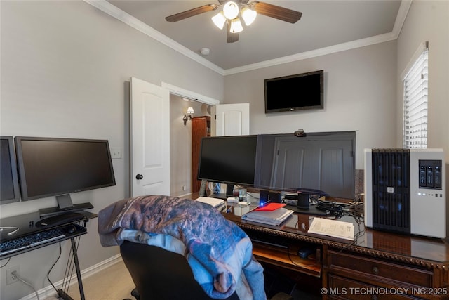 5905 W Charleston St, Broken Arrow, OK 74011 - office area with baseboards, ceiling fan, and crown molding