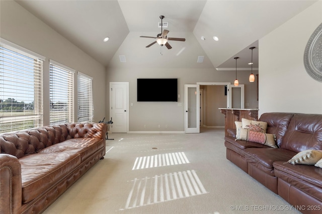 5905 W Charleston St, Broken Arrow, OK 74011 - living area featuring recessed lighting, visible vents, a ceiling fan, light carpet, and high vaulted ceiling