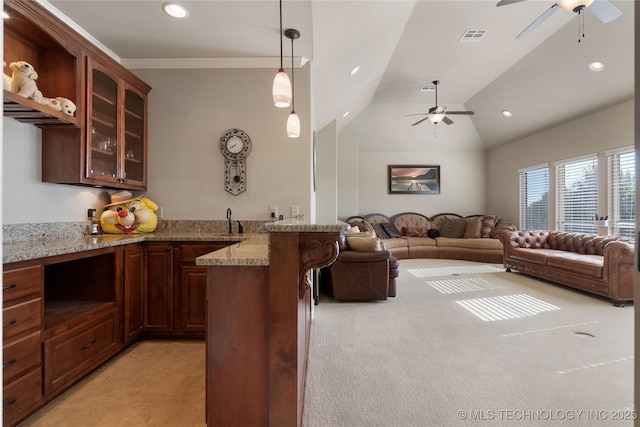 5905 W Charleston St, Broken Arrow, OK 74011 - living room with recessed lighting, vaulted ceiling, visible vents, and a ceiling fan