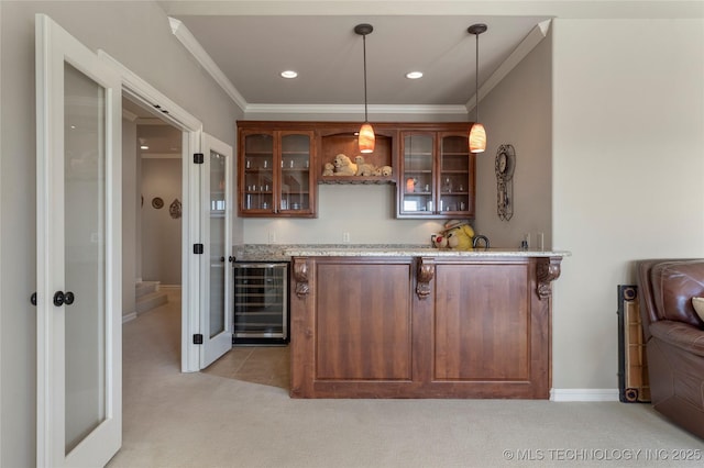 5905 W Charleston St, Broken Arrow, OK 74011 - bar featuring light carpet, wine cooler, wet bar, crown molding, and decorative light fixtures