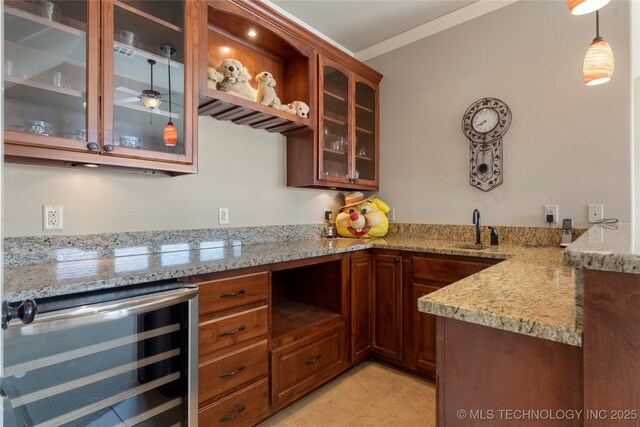 5905 W Charleston St, Broken Arrow, OK 74011 - bar featuring wine cooler, a sink, crown molding, decorative light fixtures, and light tile patterned floors