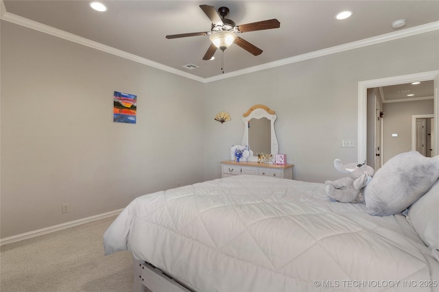 5905 W Charleston St, Broken Arrow, OK 74011 - bedroom featuring carpet, visible vents, recessed lighting, and crown molding