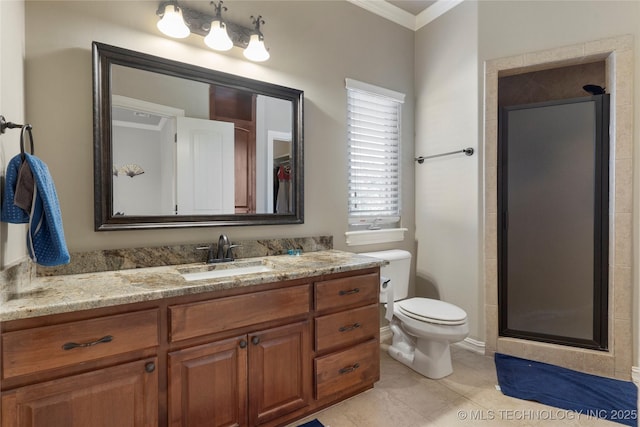5905 W Charleston St, Broken Arrow, OK 74011 - full bath with tile patterned floors, toilet, vanity, ornamental molding, and a stall shower