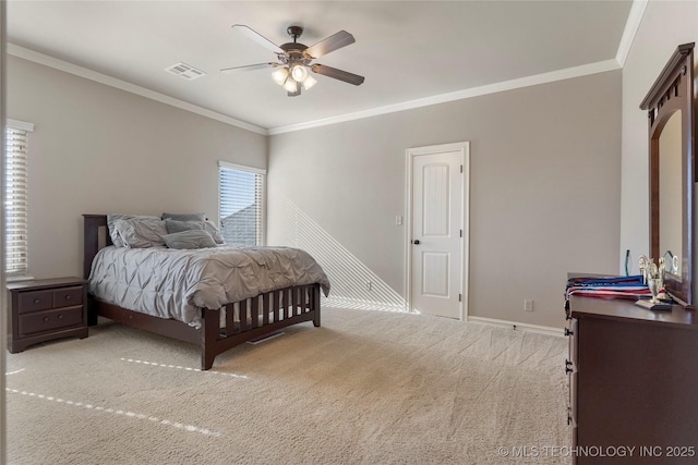 5905 W Charleston St, Broken Arrow, OK 74011 - bedroom featuring visible vents, ornamental molding, light carpet, baseboards, and ceiling fan