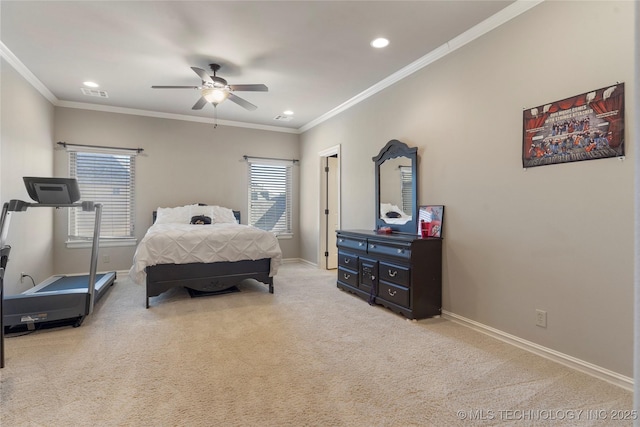 5905 W Charleston St, Broken Arrow, OK 74011 - bedroom with crown molding, light carpet, baseboards, visible vents, and recessed lighting