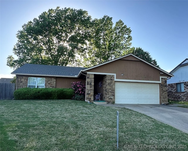 ranch-style house with a front lawn, fence, stone siding, an attached garage, and driveway
