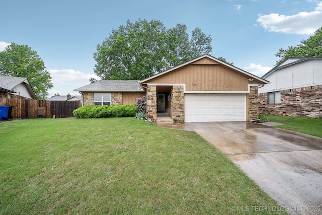3316 S Ash Pl, Broken Arrow, OK 74012 - view of front of house with fence, a front lawn, stone siding, a garage, and concrete driveway