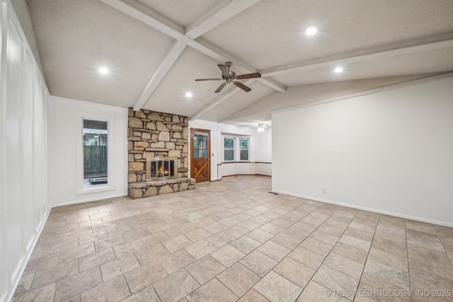 3316 S Ash Pl, Broken Arrow, OK 74012 - unfurnished living room with a stone fireplace, recessed lighting, lofted ceiling with beams, and ceiling fan
