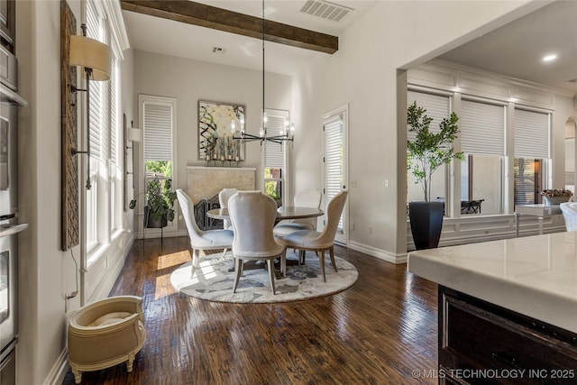 4416 S Orange Ave, Broken Arrow, OK 74011 - dining area featuring dark wood-style flooring, baseboards, visible vents, a chandelier, and beamed ceiling