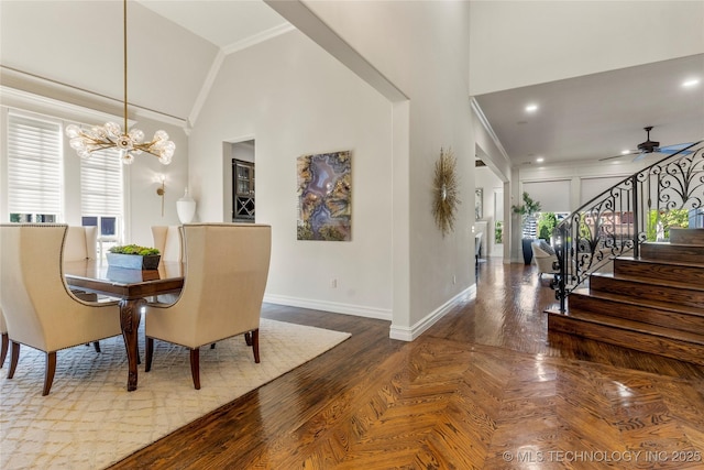4416 S Orange Ave, Broken Arrow, OK 74011 - dining space with recessed lighting, stairs, baseboards, a chandelier, and high vaulted ceiling