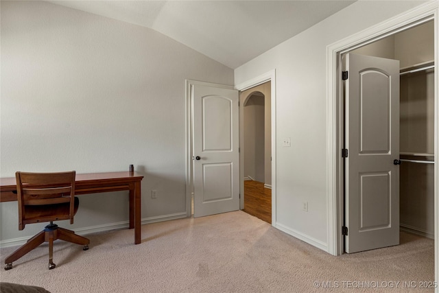 4416 S Orange Ave, Broken Arrow, OK 74011 - office with arched walkways, vaulted ceiling, baseboards, and carpet