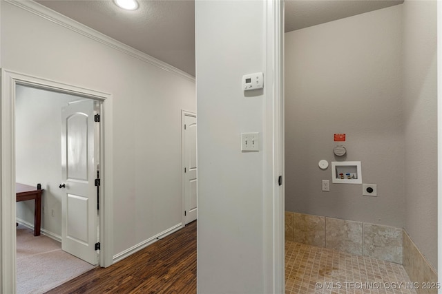 4416 S Orange Ave, Broken Arrow, OK 74011 - interior space featuring hookup for an electric dryer, washer hookup, wood finished floors, laundry area, and ornamental molding