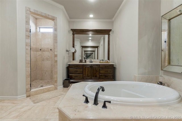 4416 S Orange Ave, Broken Arrow, OK 74011 - bathroom featuring a tile shower, a garden tub, crown molding, and baseboards