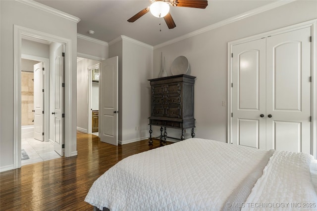 4416 S Orange Ave, Broken Arrow, OK 74011 - bedroom with baseboards, a ceiling fan, wood finished floors, a closet, and crown molding