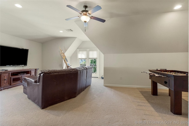 4416 S Orange Ave, Broken Arrow, OK 74011 - interior space with vaulted ceiling, ceiling fan, light colored carpet, baseboards, and visible vents
