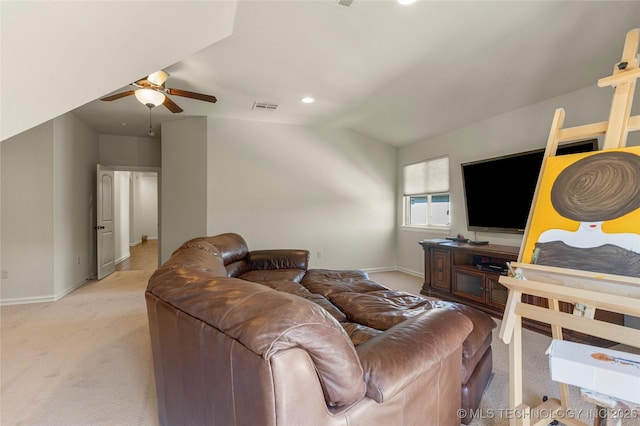 4416 S Orange Ave, Broken Arrow, OK 74011 - carpeted living area with recessed lighting, vaulted ceiling, visible vents, a ceiling fan, and baseboards