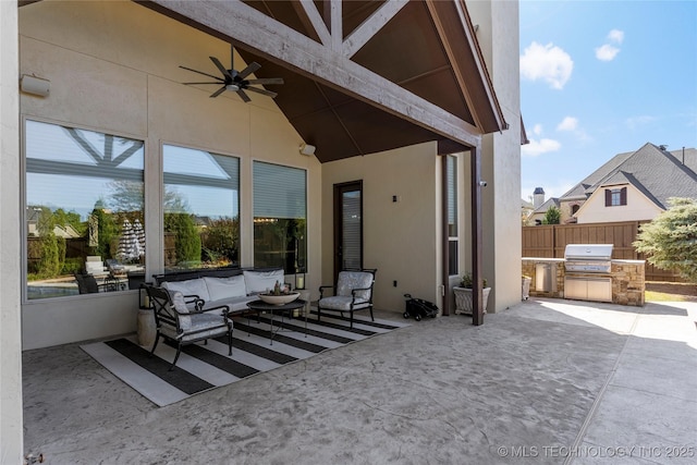 4416 S Orange Ave, Broken Arrow, OK 74011 - view of patio / terrace featuring outdoor lounge area, a grill, an outdoor kitchen, fence, and ceiling fan