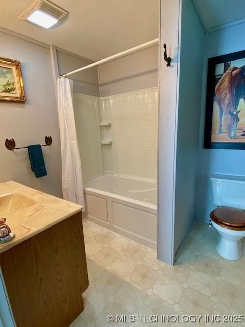 bathroom with vanity, tile patterned floors, shower / bath combination with curtain, and toilet