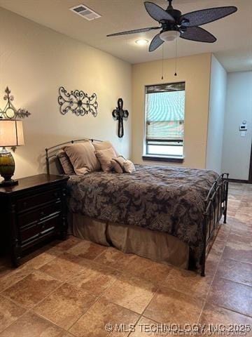 bedroom featuring visible vents and ceiling fan