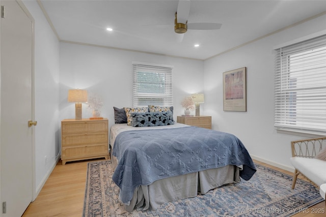 3644 S Louisville Ave, Tulsa, OK 74135 - bedroom featuring ornamental molding, light wood finished floors, recessed lighting, baseboards, and a ceiling fan