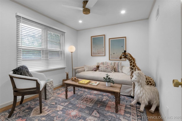 3644 S Louisville Ave, Tulsa, OK 74135 - living area featuring ceiling fan, baseboards, recessed lighting, wood finished floors, and crown molding