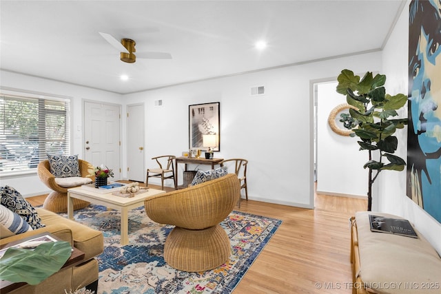3644 S Louisville Ave, Tulsa, OK 74135 - living room featuring light wood-style floors, a ceiling fan, baseboards, and recessed lighting
