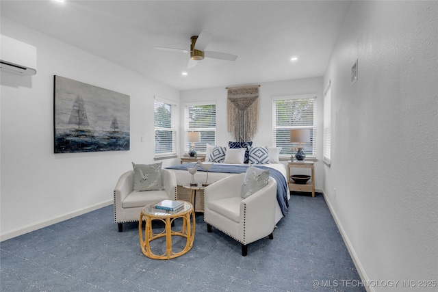 3644 S Louisville Ave, Tulsa, OK 74135 - bedroom with baseboards, a wall mounted AC, a ceiling fan, recessed lighting, and tile patterned floors