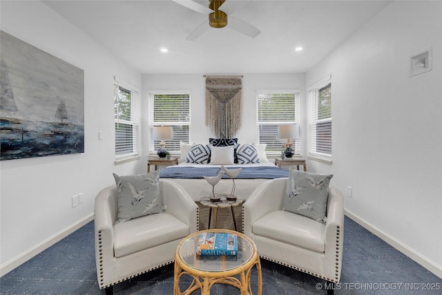 sitting room with baseboards, recessed lighting, and ceiling fan
