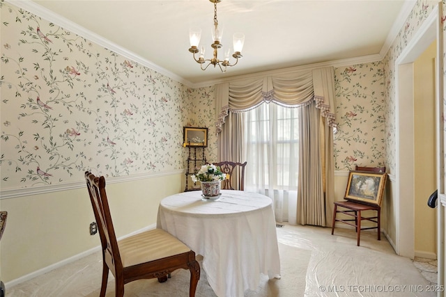 6020 S Marion Pl, Tulsa, OK 74135 - dining area featuring wallpapered walls, an inviting chandelier, light carpet, baseboards, and ornamental molding