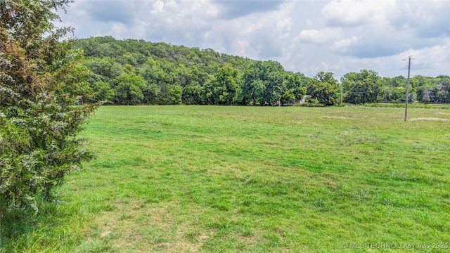 view of yard featuring a rural view and a wooded view