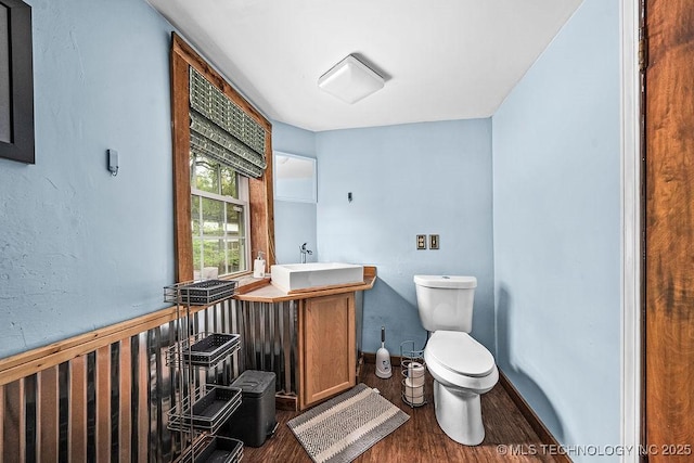 bathroom with wood finished floors, toilet, and vanity