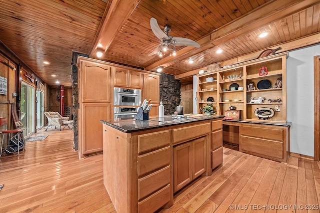 kitchen featuring open shelves, wooden ceiling, light wood-type flooring, a center island, and black electric stovetop