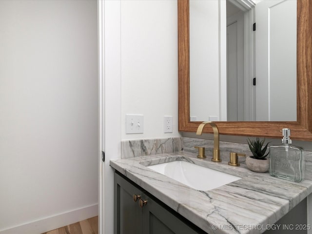 bathroom with baseboards, vanity, and wood finished floors