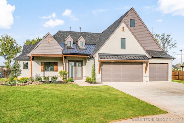 13676 S 23rd St, Bixby, OK 74008 - modern farmhouse style home with french doors, a standing seam roof, driveway, an attached garage, and a metal roof