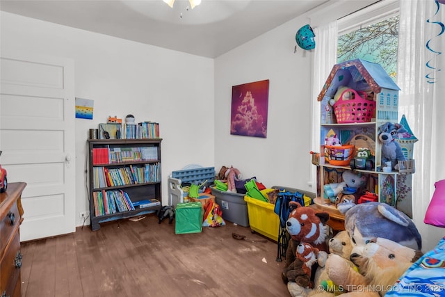 playroom featuring a ceiling fan and wood finished floors