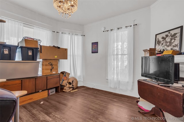 interior space with wood finished floors, a notable chandelier, and ornamental molding