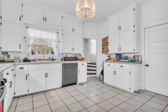 kitchen featuring light countertops, stainless steel dishwasher, a sink, a chandelier, and white cabinetry