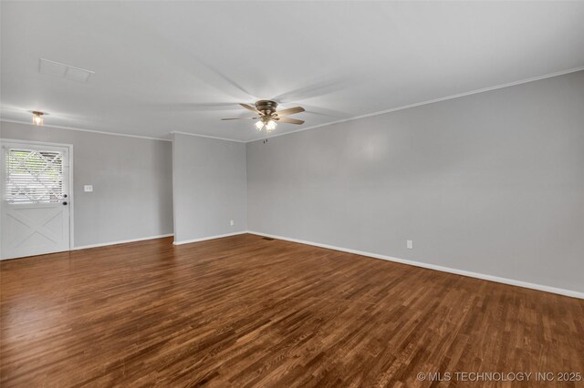 507 W Quincy St, Broken Arrow, OK 74012 - unfurnished room featuring dark wood-type flooring, a ceiling fan, crown molding, and baseboards